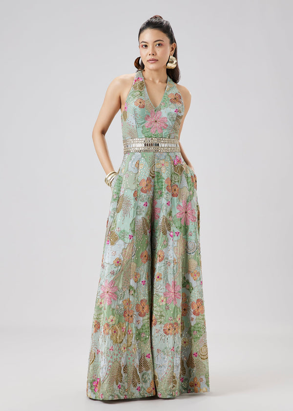 Sky Blue Floral Print Jumpsuit Adorned With Zari And Mirror Embellishments