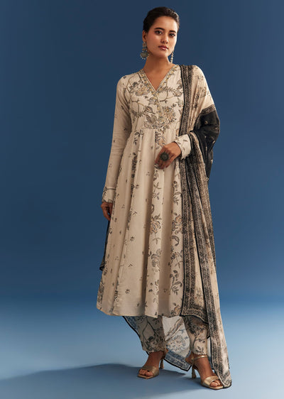 Beige Floral Printed Crepe Anarkali Set With Embroidered Neckline