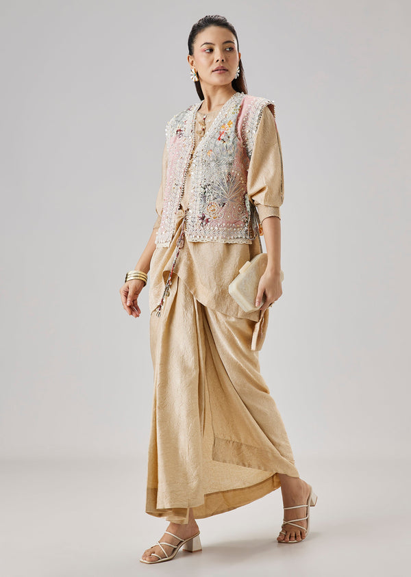 Beige Floral Printed Jacket And Drape Skirt Set
