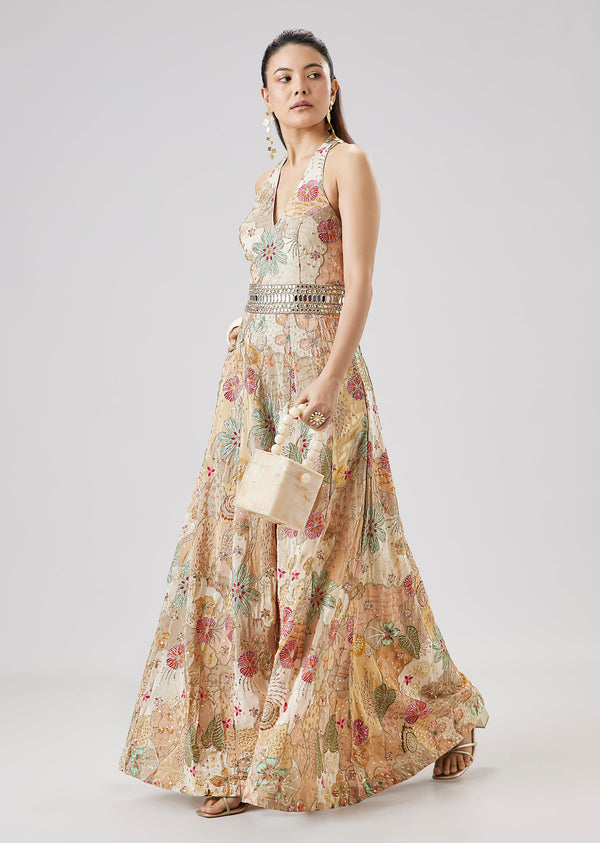 Beige Floral Printed Zari And Mirror Work Jumpsuit