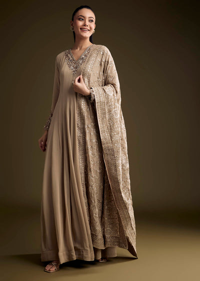 Beige Georgette Anarkali Suit With Sequins And Thread Embroidery