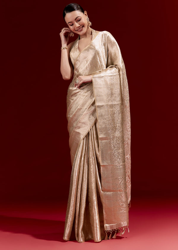 Beige Gold Banarasi Tissue Saree With All Over Floral Zari Weave