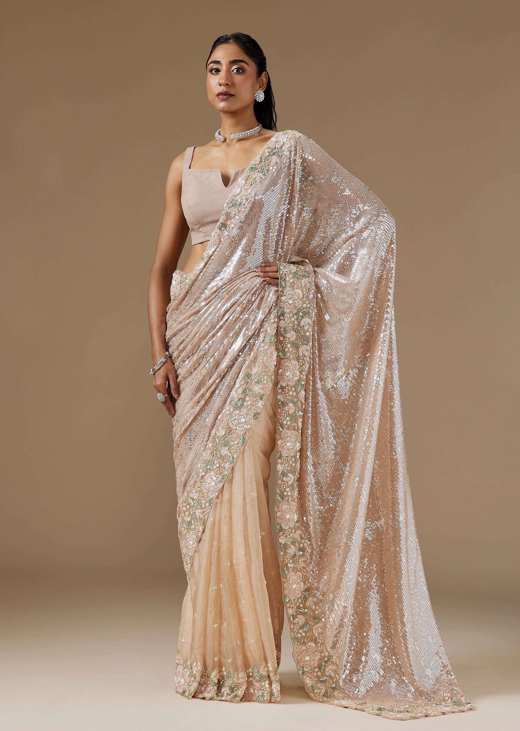 Beige Half And Half Sequin Saree With Floral Cut Dana Embellished Border