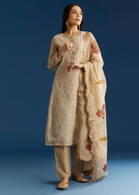 Beige Jamdani Cotton Kurta Set With Thread Work And Block Print Dupatta