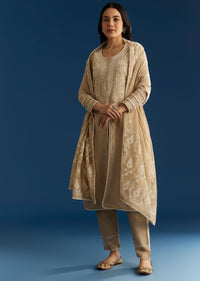 Beige Jamdani Kurta Set With Thread And Sequins Work