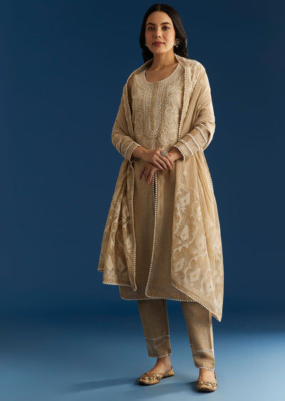 Beige Jamdani Kurta Set With Thread And Sequins Work