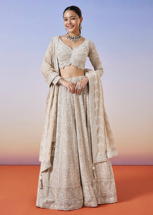Beige Lucknowi Chikankari Lehenga With Dupatta
