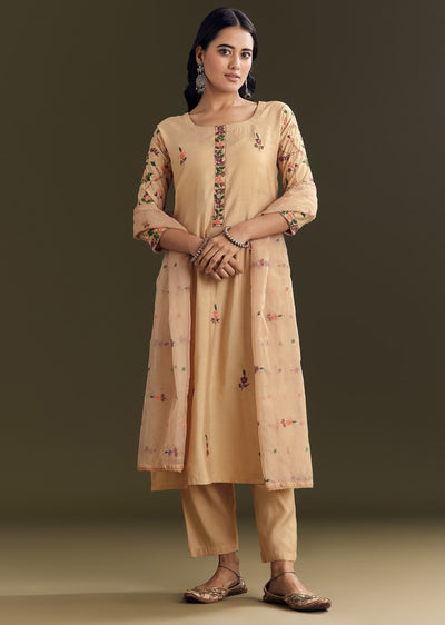 Beige Modal Threadwork Kurta Pant Set With Hand Painting