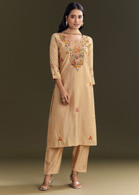 Beige Modal Threadwork Kurta Pant With Resham Organza Dupatta