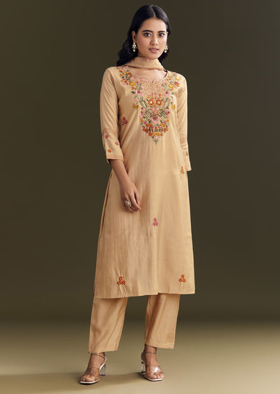 Beige Modal Threadwork Kurta Pant With Resham Organza Dupatta