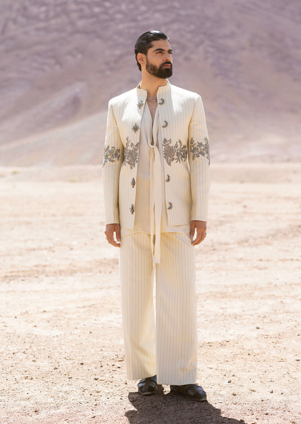 Beige Moon And Star Embroidered Indo Western Suit Set