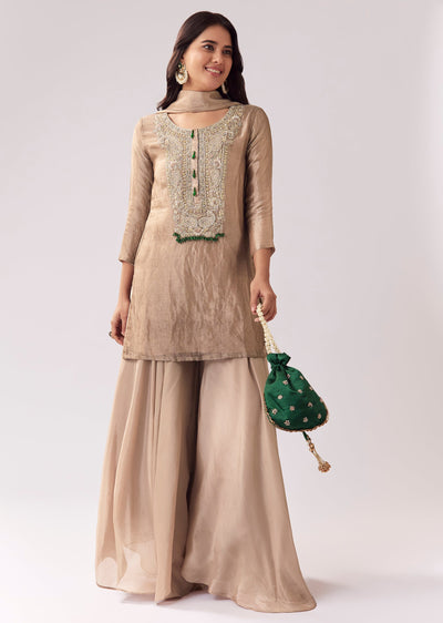 Beige Palazzo Suit With Zardozi Sequin Detailing