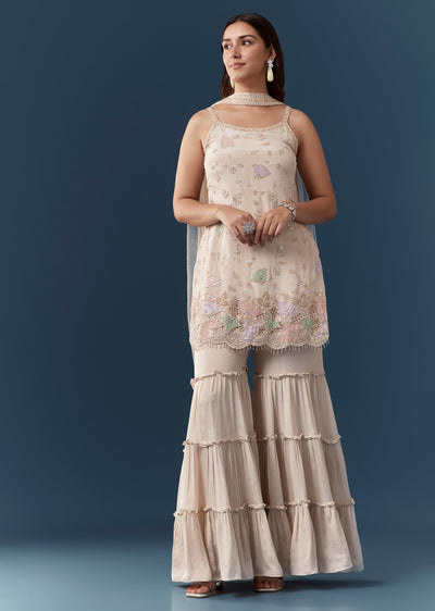 Beige Patchwork Kurta Sharara Set