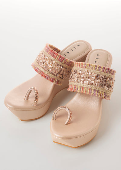 Beige Platform Toe Ring Wedges With Sequin Detailed Broad Strap