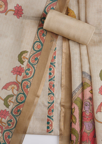Beige Printed Tissue Unstitched Suit Set With Dupatta