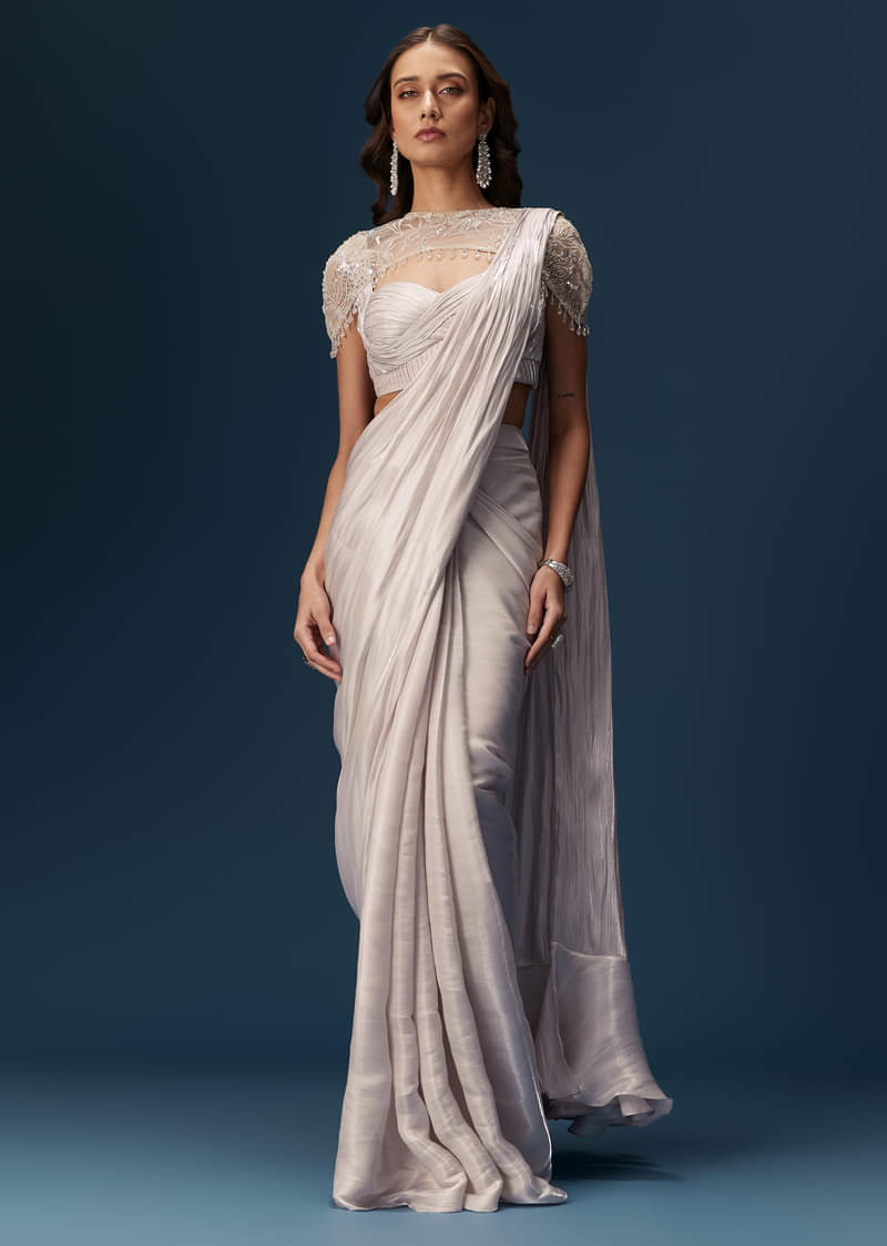 Beige Ready Pleated Saree With Cape And Blouse