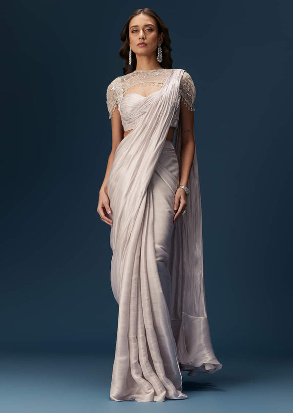 Beige Ready Pleated Saree With Cape And Blouse