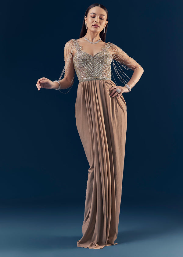 Beige Sequin Embellished Sheer Draped Gown