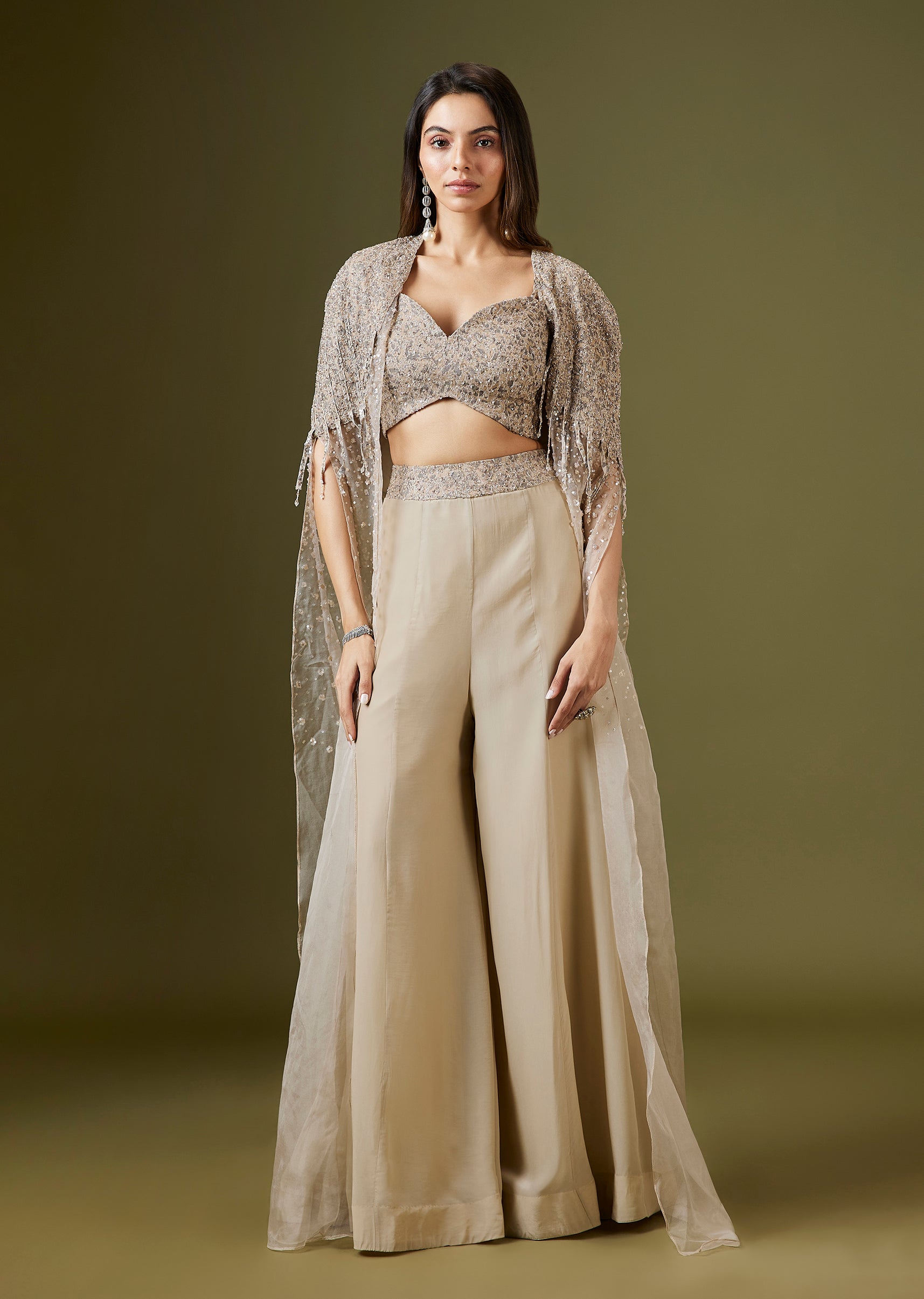 Beige Sequinned Crop Top Palazzo Set With Organza Cape
