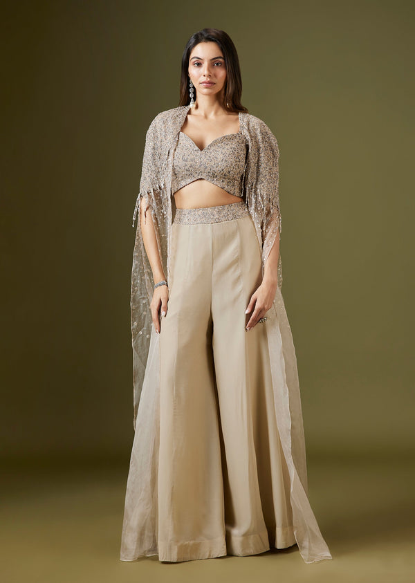 Beige Sequinned Crop Top Palazzo Set With Organza Cape