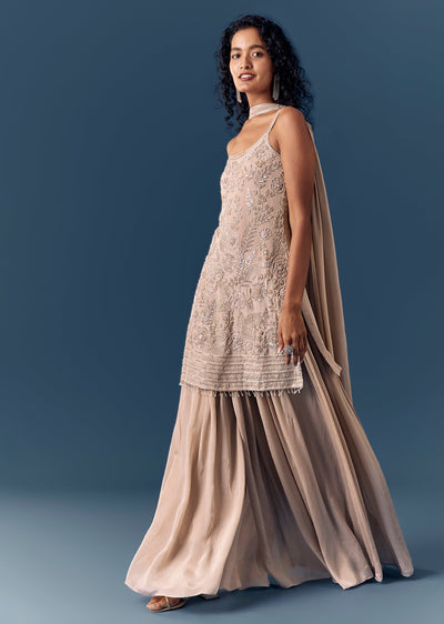 Beige Sequinned Sleeveless Kurta Palazzo Set With Dupatta