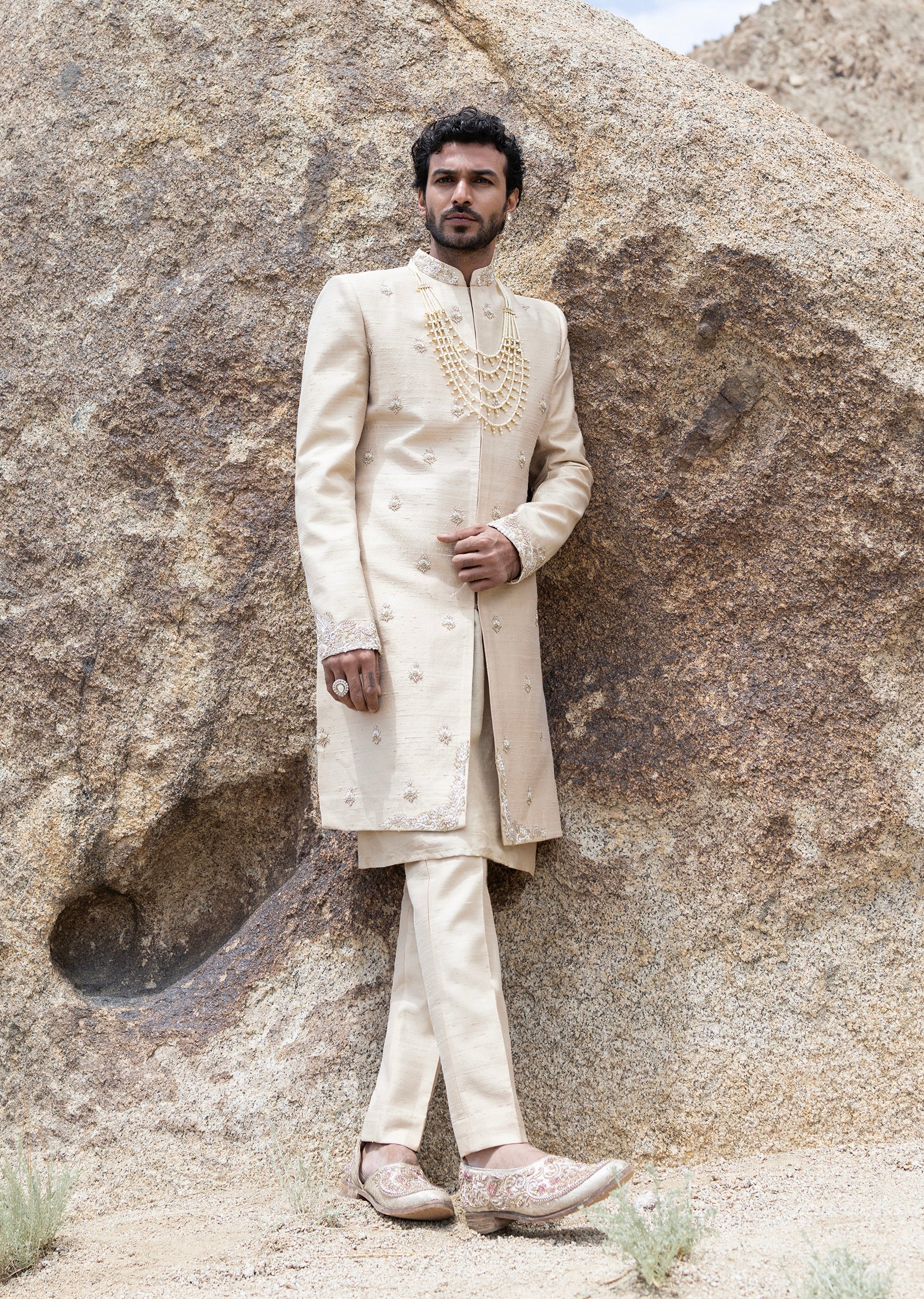 Beige Sherwani Set With Butti Embroidery