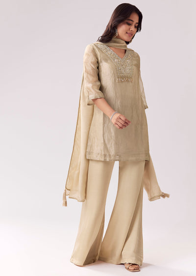 Beige Shimmer Palazzo Suit With Sequin Work