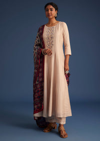 Beige Silk Anarkali Set With Ajrakh Print Dupatta