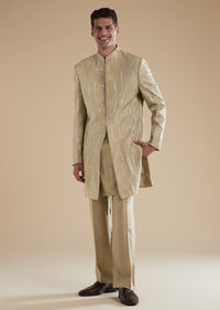 Beige Silk Indowestern Set With Cutwork Leather Detailing