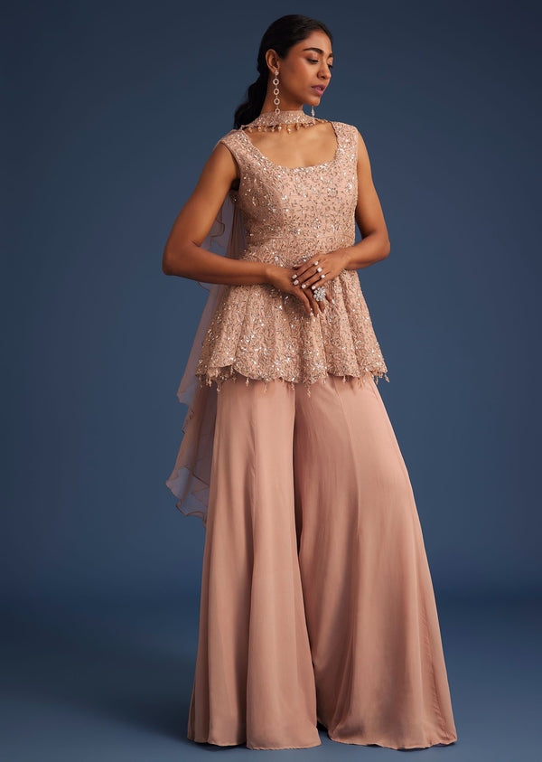 Beige Silk Kurta Set With Georgette Palazzo