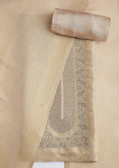Beige Tissue Brocade Zari Embroidered Dress Material Set