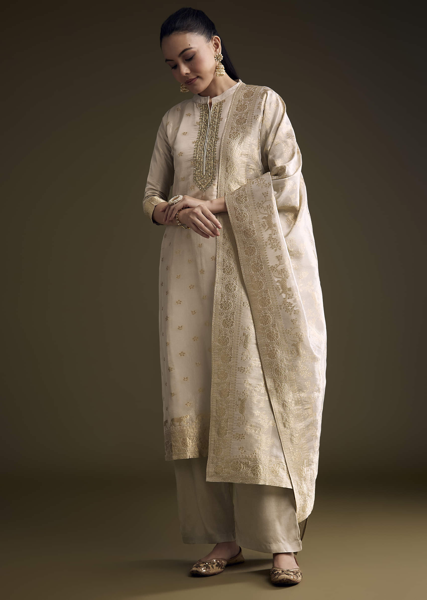 Beige Tissue Palazzo Suit With Banarasi Weave