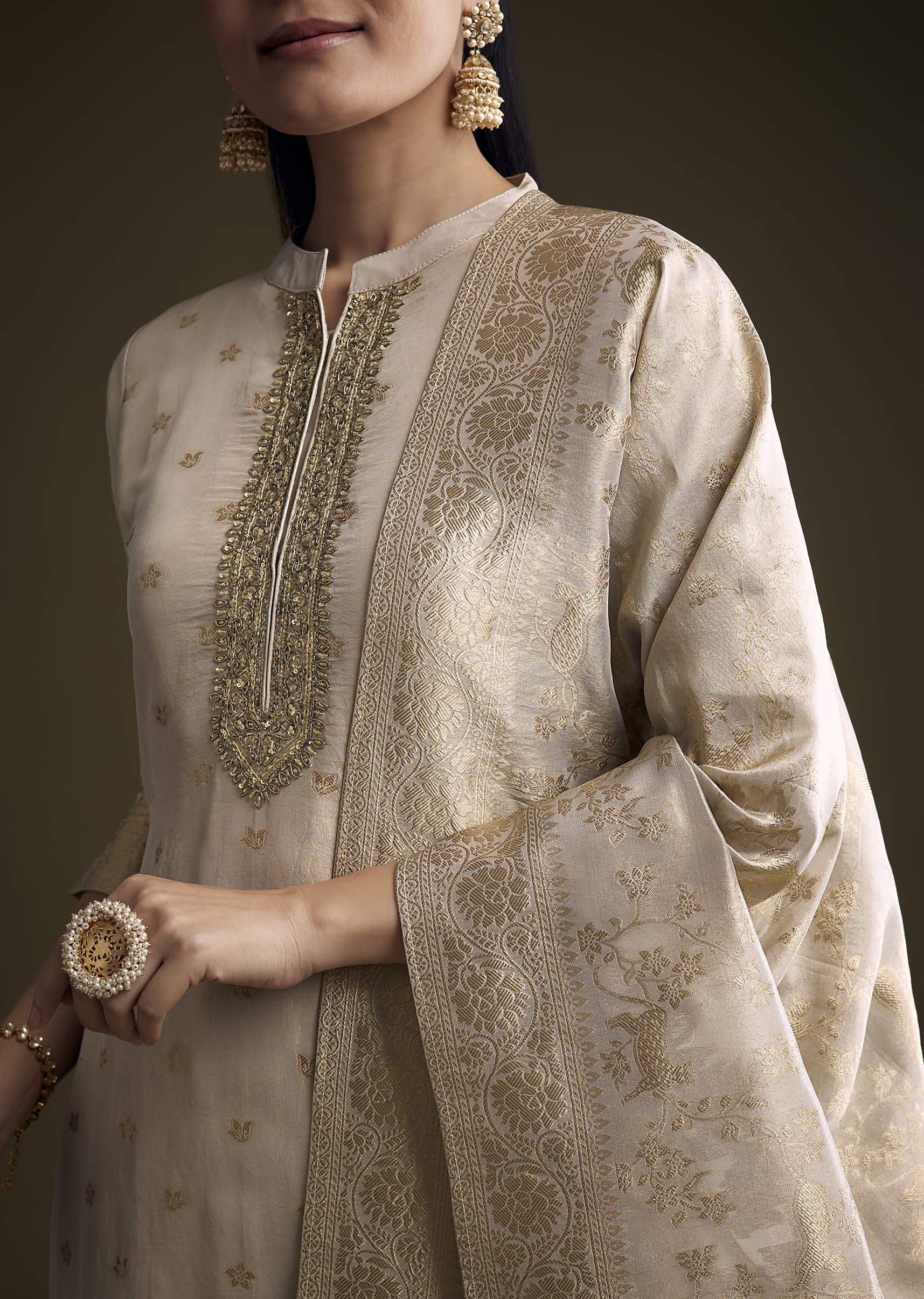 Beige Tissue Palazzo Suit With Banarasi Weave