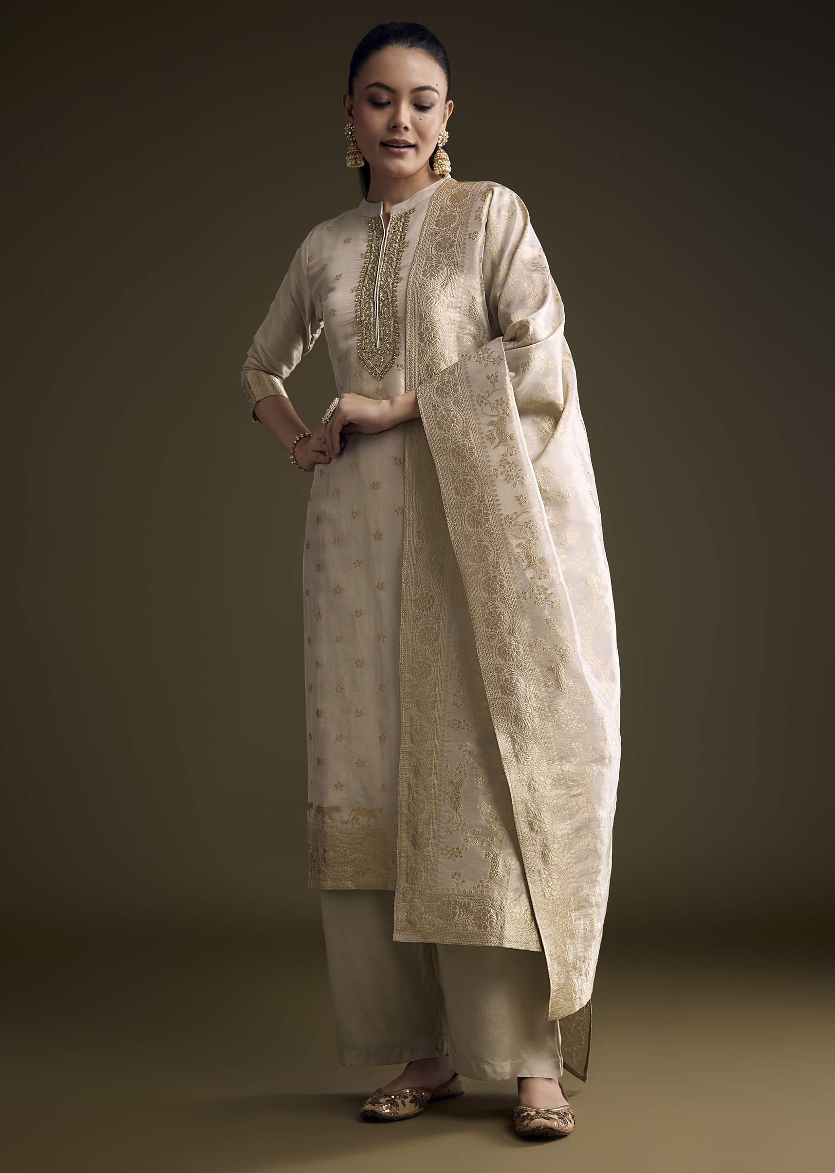 Beige Tissue Palazzo Suit With Banarasi Weave