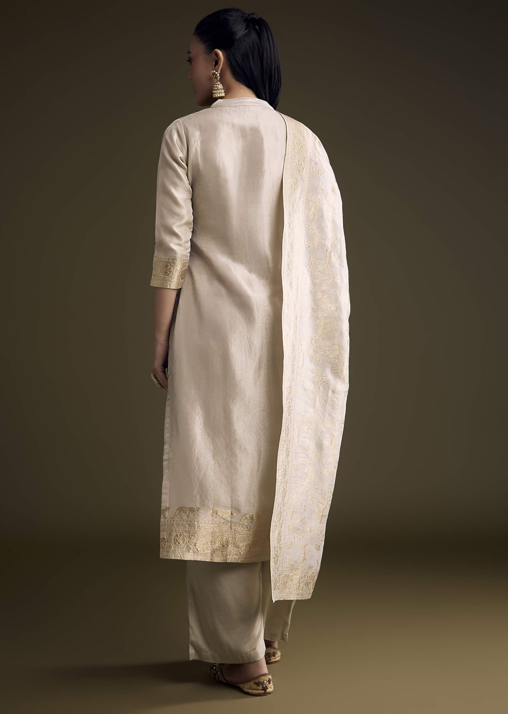 Beige Tissue Palazzo Suit With Banarasi Weave