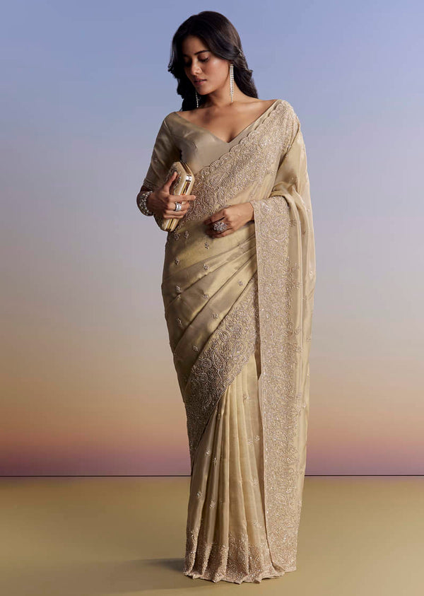Beige Tissue Saree With Hand Embroidery With Cutdana And Sequins