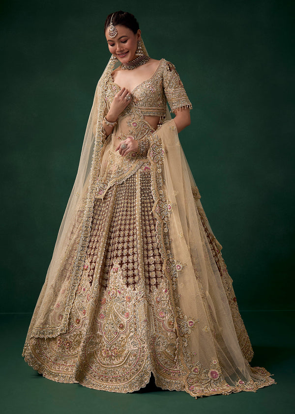 Beige Velvet Patchwork Embroidered Bridal Lehenga Set
