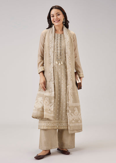 Beige Weaved Chanderi Kurta Set