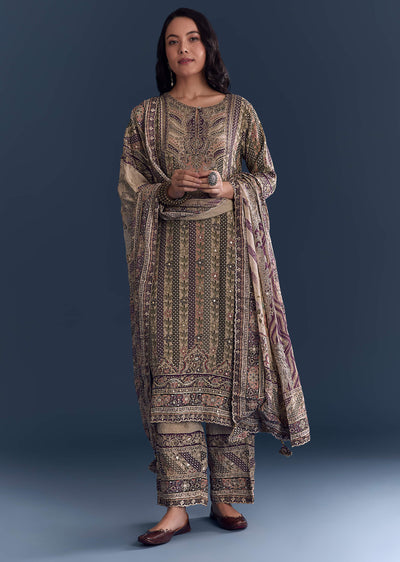 Beige Wine Crepe Kurta Set With Floral Print