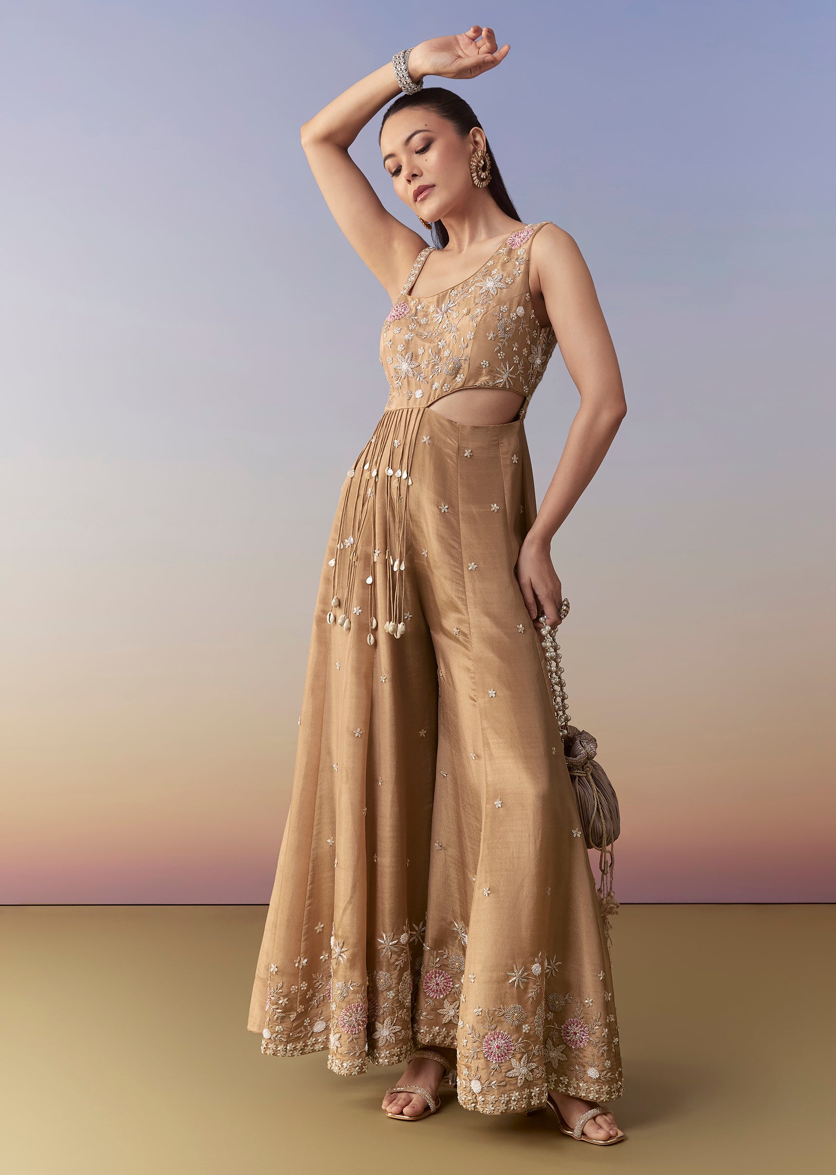 Buy Beige Zardozi Embroidered Jumpsuit | KALKI Fashion USA| KALKI