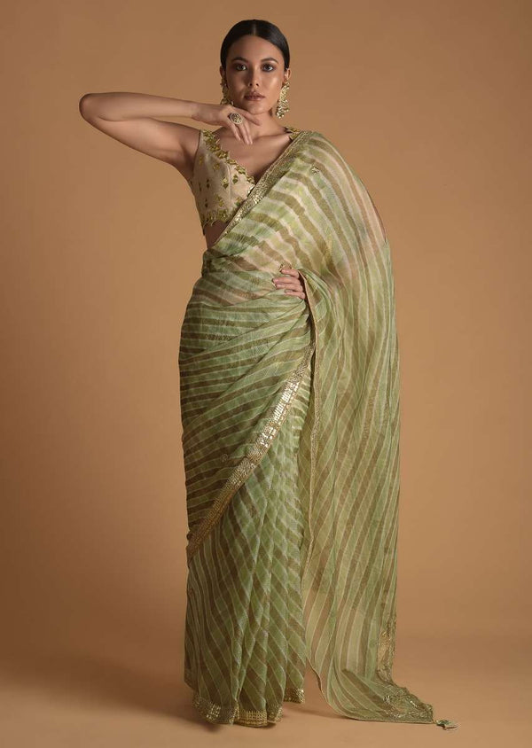 Beige And Brown Saree In Jacquard Silk With Lehariya Print And Gotta Work Online - Kalki Fashion