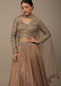 Beige Festive Sequins And Zari Embroidered Lehenga Set In Chinon