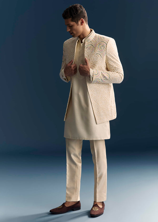 Beige Jacquard Kurta Jacket Set For Men With Resham And Moti Work