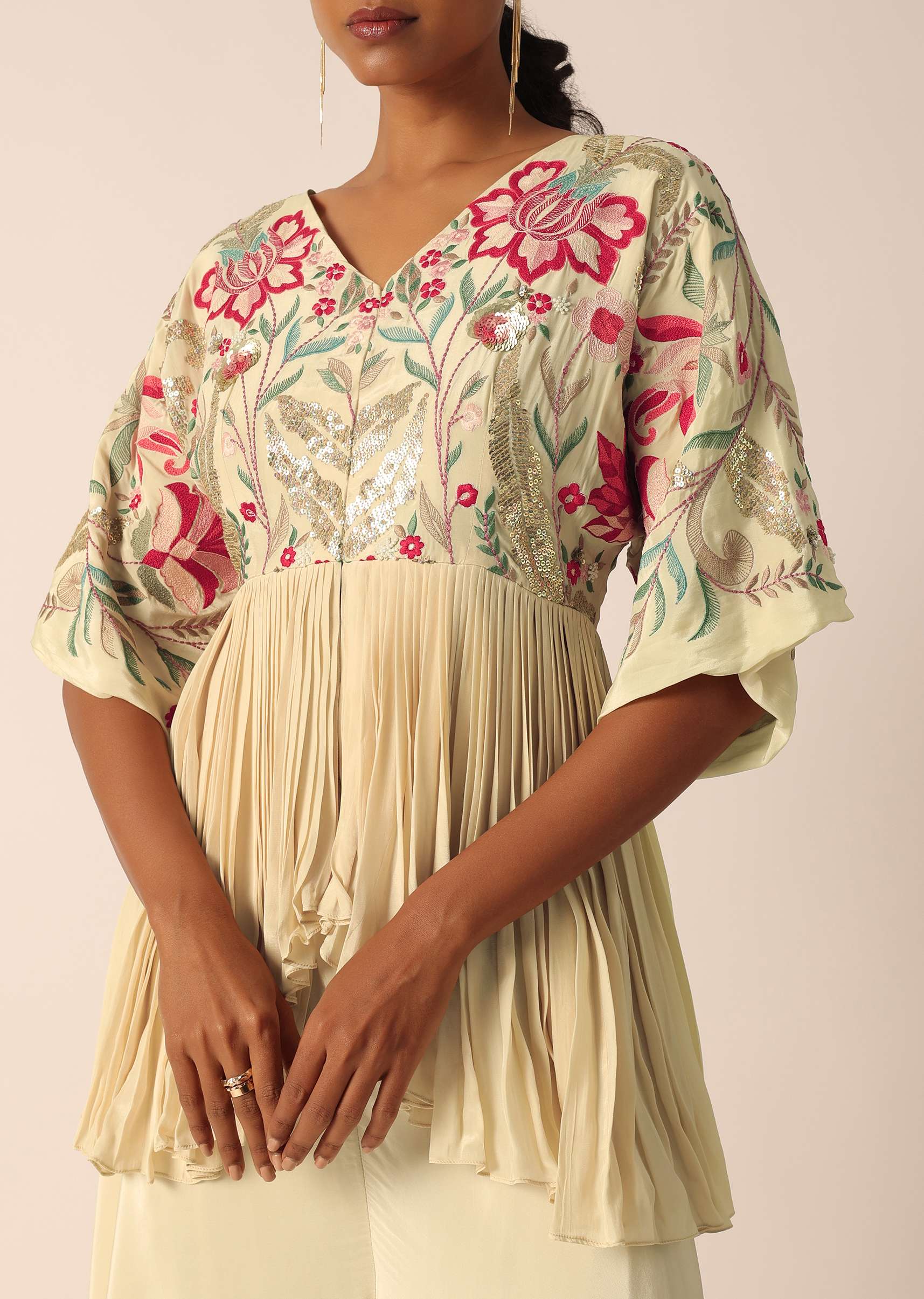 Beige kurta and palazzo set with bead embellishments