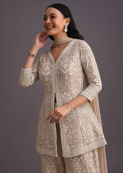 Beige Lucknowi Kurti Palazzo With Net Dupatta
