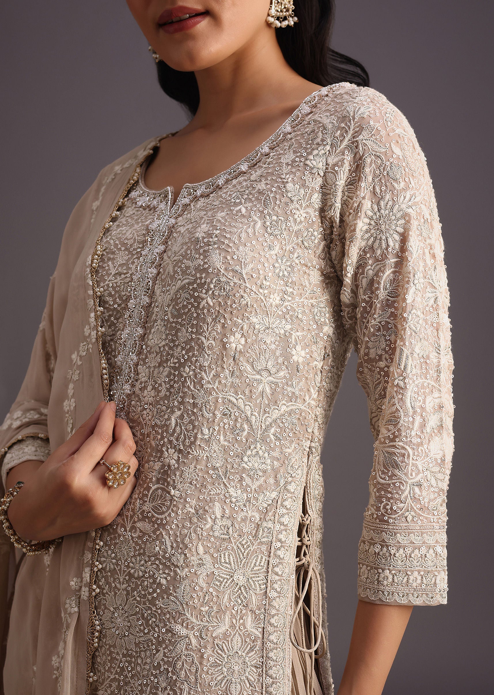 Beige Lucknowi  kurta set With Flared Palazzo And Resham Work Dupatta