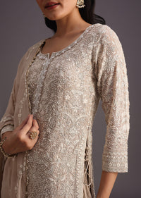 Beige Lucknowi  kurta set With Flared Palazzo And Resham Work Dupatta