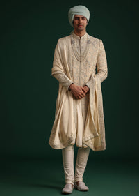 Beige Silk Sherwani Set With Zardozi Work