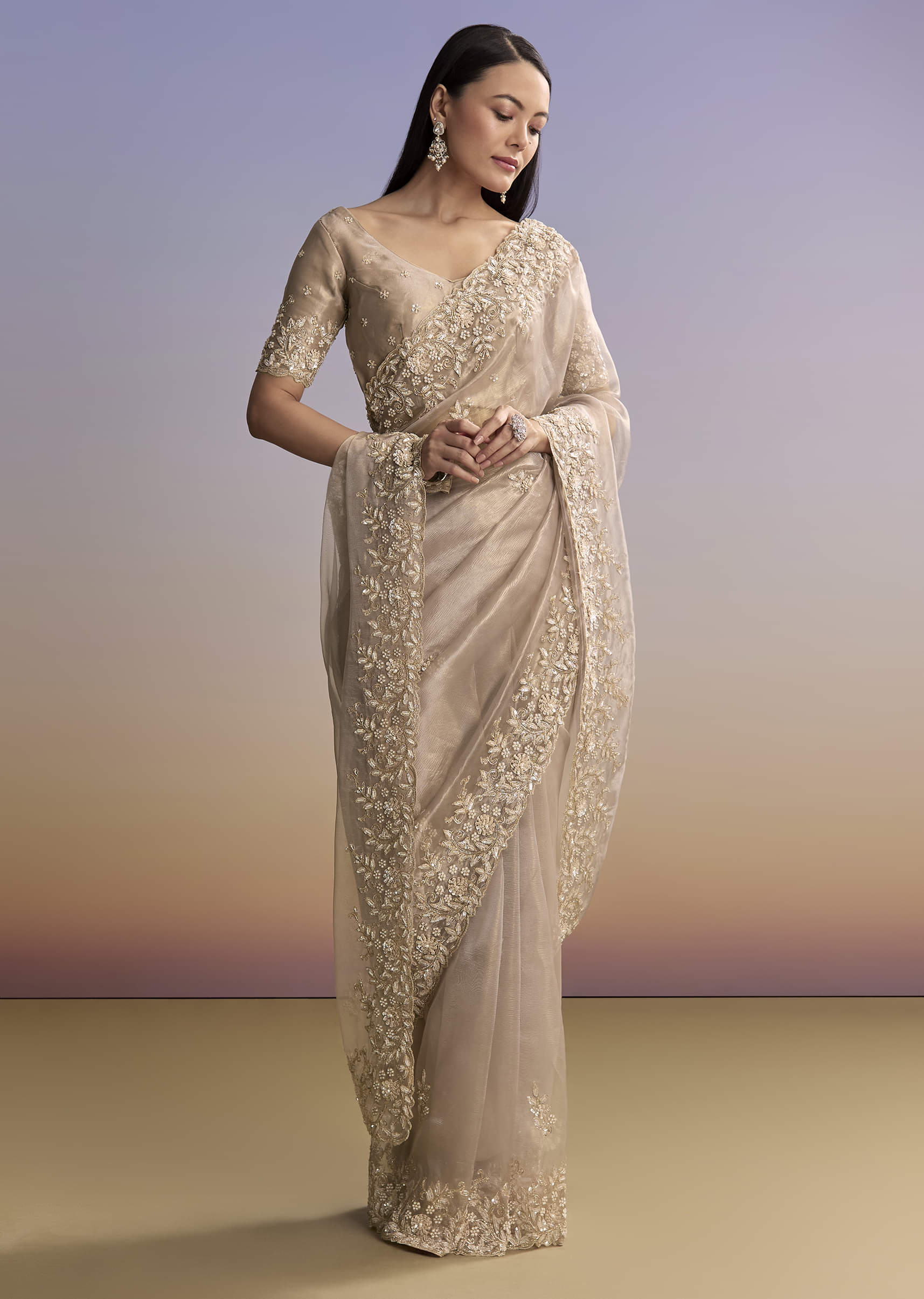 Beige Tissue Saree With Sequins And Cutdana Embroidery