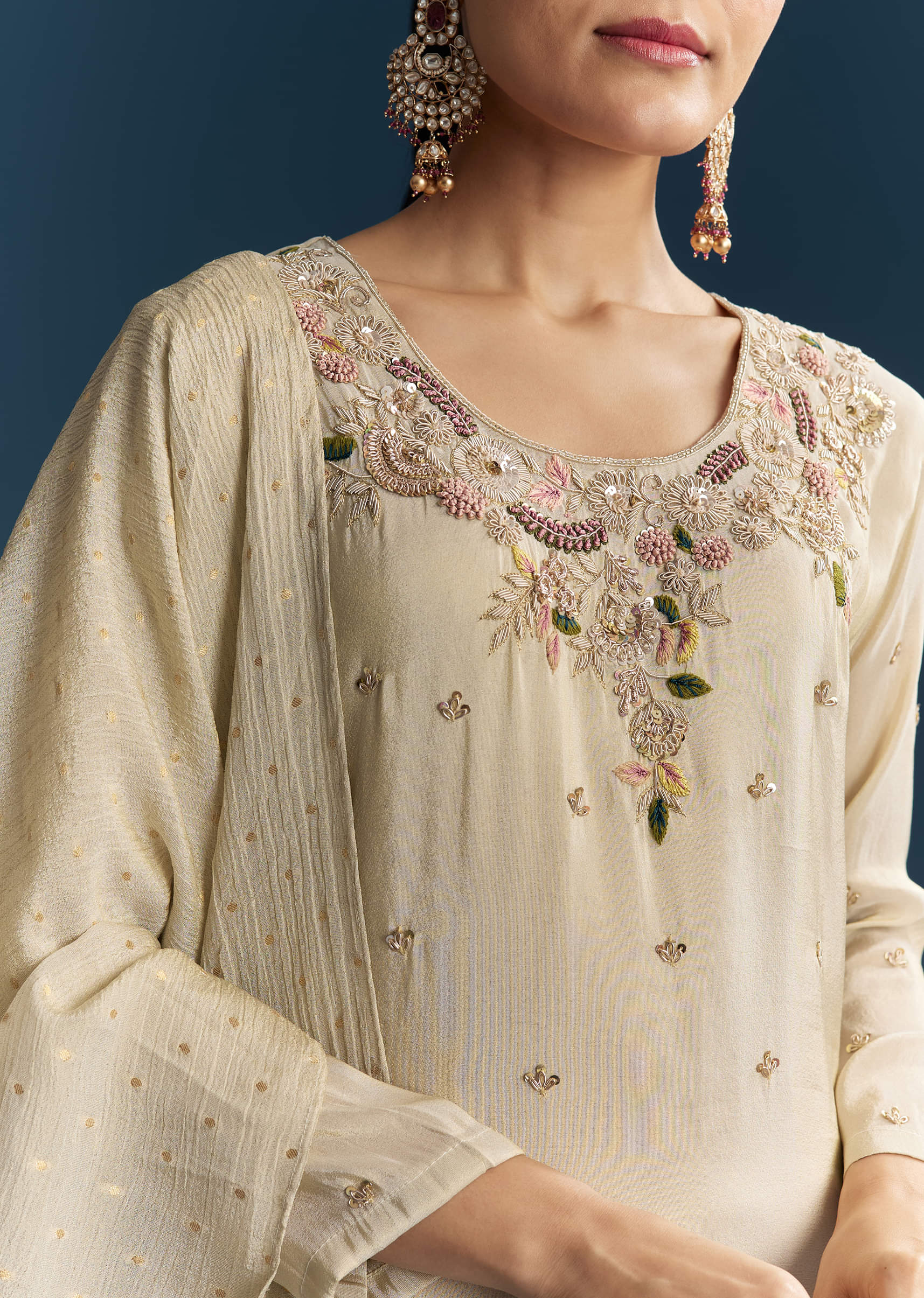 Beige Tissue Sharara Suit With Zardosi And Resham Embroidery